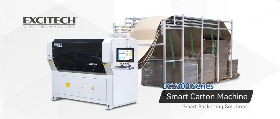 Meaisín gearrtha bosca cartán EXCITECH EC2300 le haghaidh pacála ordú troscáin.